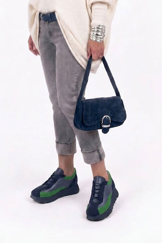 Dress sneakers in navy blue, prussian blue and emerald green leather with thick rubber soles and round toe - Worn view
